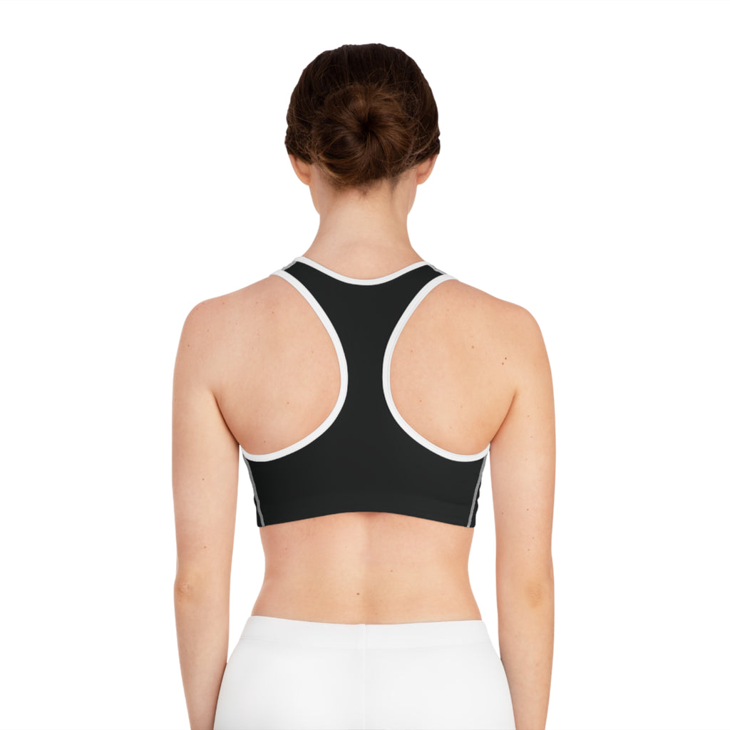 Iron Ascent Women’s Sports Bra — Black Athletic Racerback with Barbell Logo