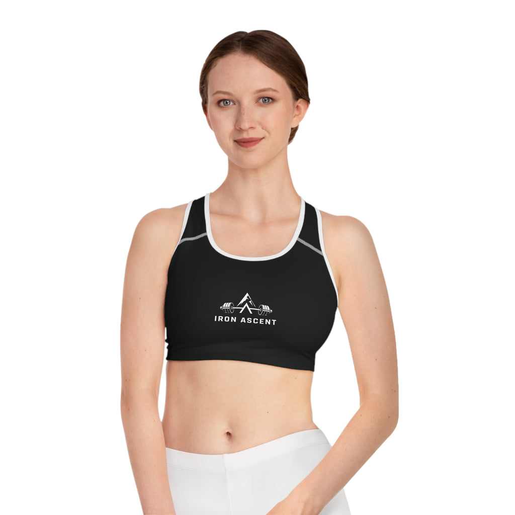 Iron Ascent Women’s Sports Bra — Black Athletic Racerback with Barbell Logo