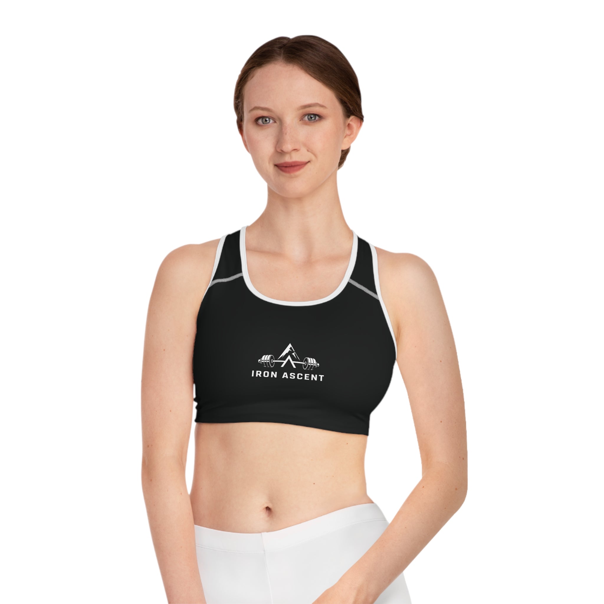 Iron Ascent Women’s Sports Bra — Black Athletic Racerback with Barbell Logo