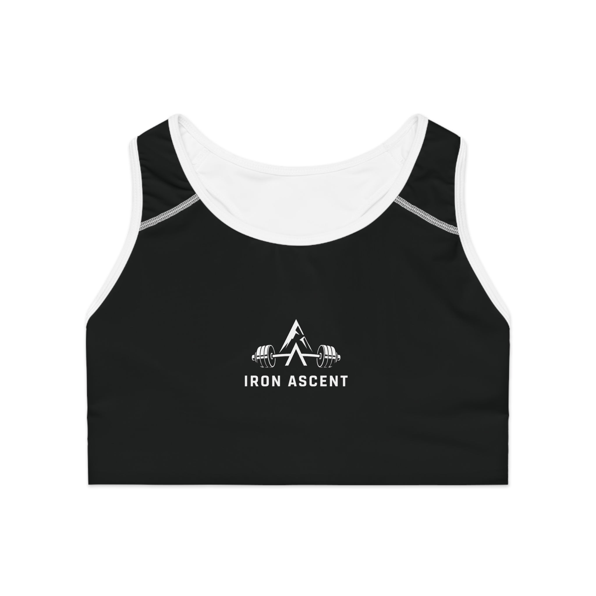 Iron Ascent Women’s Sports Bra — Black Athletic Racerback with Barbell Logo